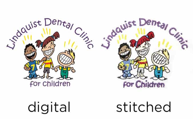 Comparison of original art to stitched logo | 385